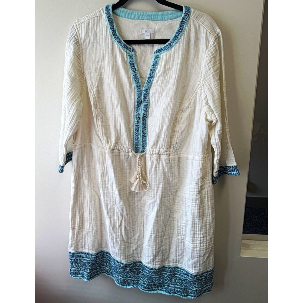 J. Jill Women’s L White/Blue Cotton Woven Tunic Dress V-Neck Tie Tassel Knee